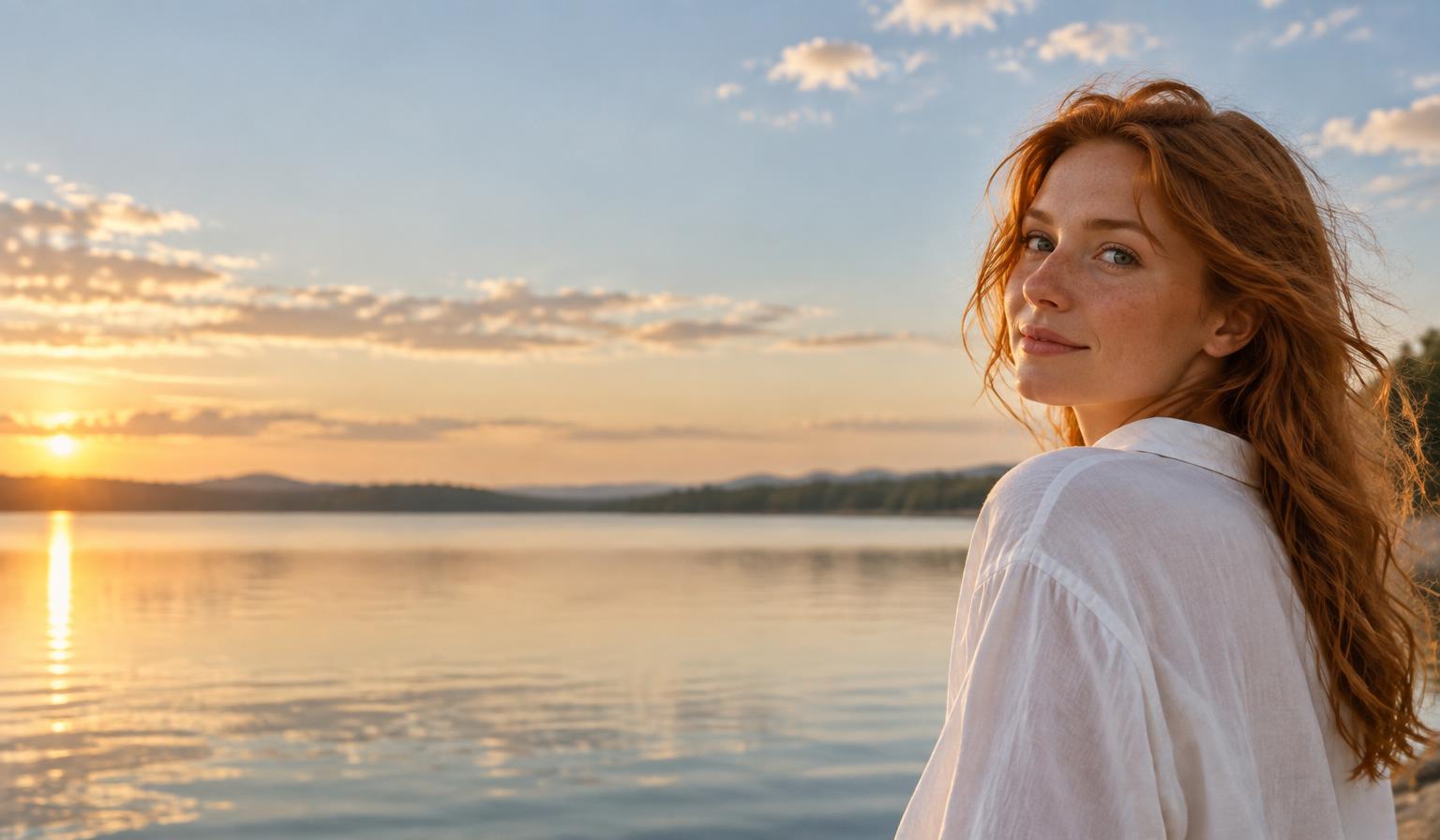 Woman by a quiet lake at sunset