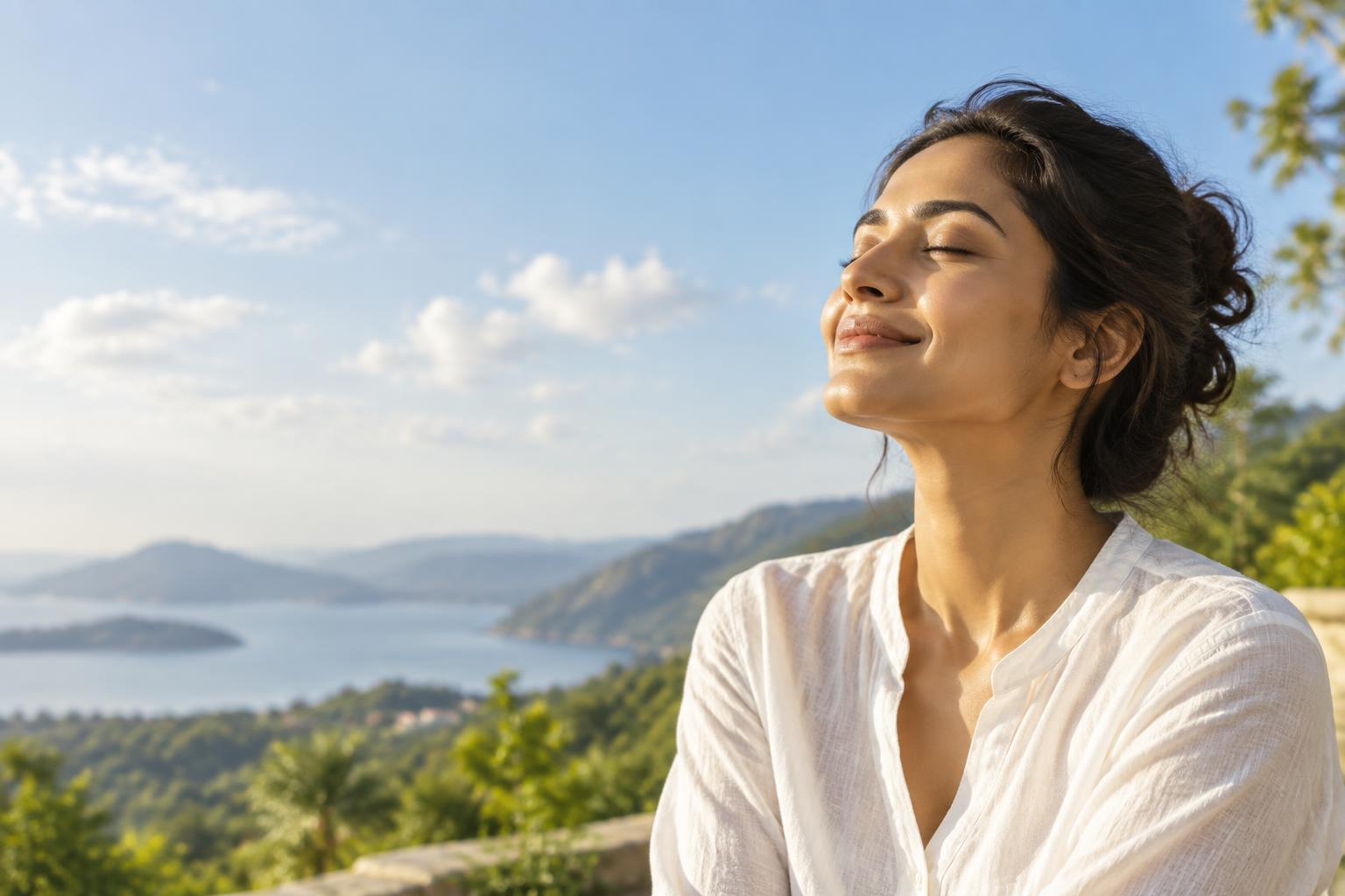 Woman enjoying calm morning light by a lake